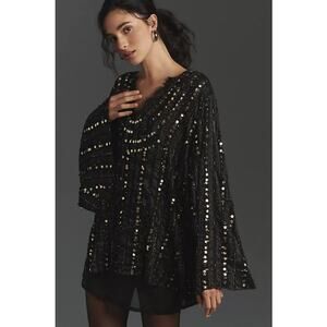 Let Me Be Anthropologie Black Sequin Lace Boho Festival Holiday Party Blouse